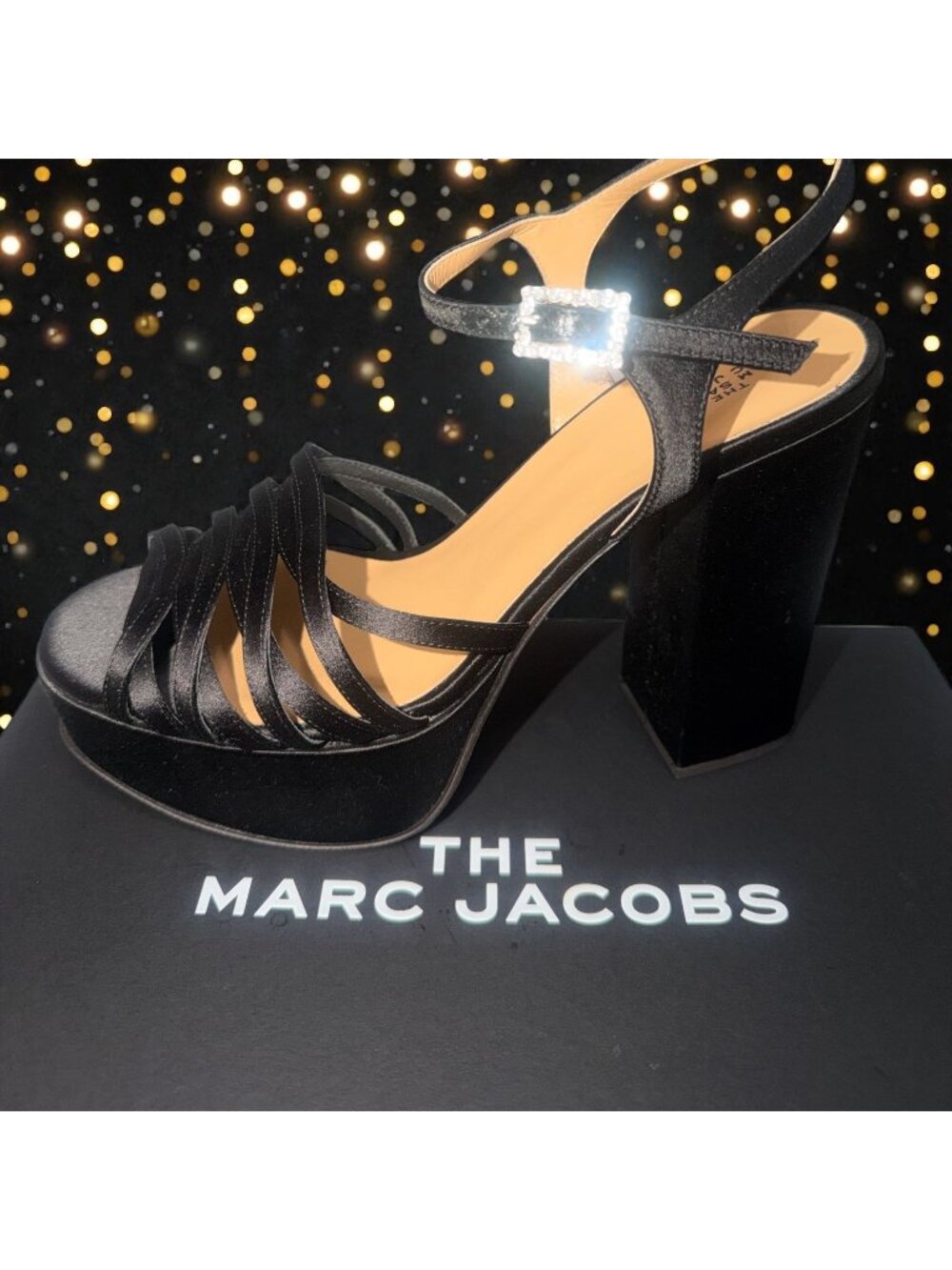 Marc Jacobs The Gram Sandal Women 8.5 Black Satin Crystal Formal Heel Platform - Picture 12 of 12